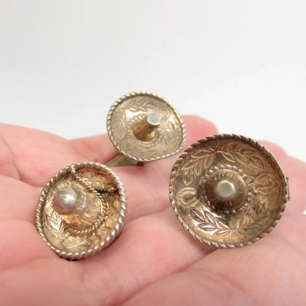 Vintage Sterling Sombrero Cuff Links snd tie tack